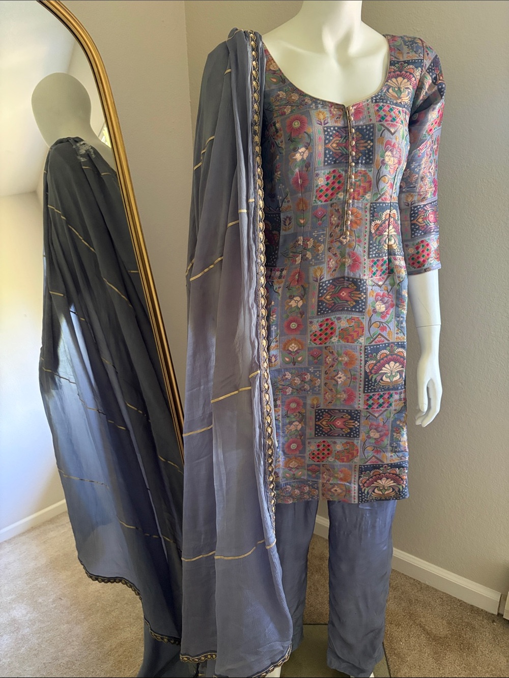 3 piece Indian suit Straight Leg Pants Set in Dusty Blue - Ethnic Printed Kurta